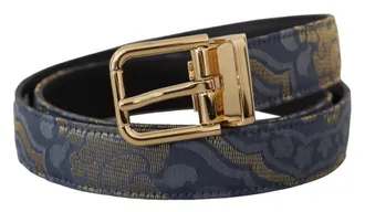 Dolce & Gabbana Womens Navy Blue Jacquard Gold Tone Logo Metal Buckle Belt Leather