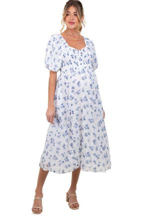 Pinkblush Floral Smocked Bodice Midi Dress in Blue at Nordstrom, Size Medium