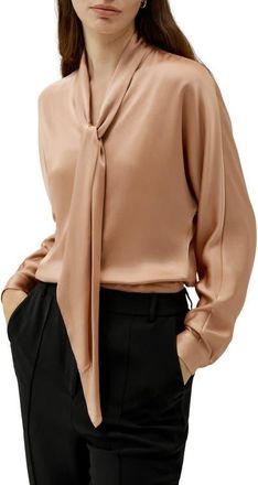 LilySilk Bat Sleeve Silk Top with Adjustable Neck Tie in Quartz Rose at Nordstrom, Size Small