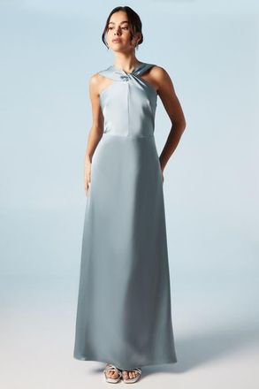 Coast Twisted Halterneck Satin Maxi Dress in Dusty Blue at Nordstrom, Size 14
