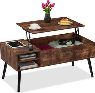 Relaxdays Coffee Table with Lift Function, hwd: 46 x 100 x 50 cm, 2 Side Compartments, Storage Space, Industrial, Brown - Relaxdays