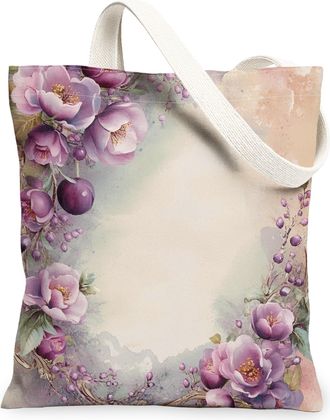 Generic Spring Plum Bossoms Flower Canvas Tote Bag for Shopping 13x15, Farmhouse Country Floral Reusable Grocery Print Pattern Bag for Women, Retro Farm Beach