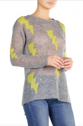 Elan Crew Neck Lightning Bolt Sweater In Grey/lime