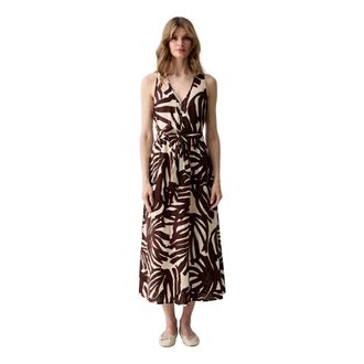 Benetton Linnen midi-jurk met bladerprint - Dames - Casual kleedjes - Veelkleurig - S - Linnen - Kleedjes