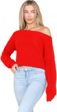Janisramone Womens Long Sleeve Off Shoulder Jumper, Slash Neck Cable Knitted Cropped Pullover Sweater, Winter Oversized Baggy Ladies Jumpers Red
