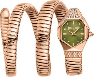 Just Cavalli Womenss Snake Watch, Rose Gold Color Case, Olive Dial, Rose Gold Color Stainless Steel Bracelet