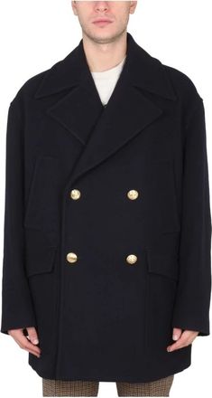 Palm Angels Double-breasted jas met borduursel - Heren - Mantel - Blauw - L - Wol - Jassen
