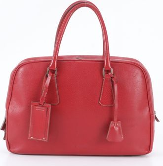 Prada Red Color Leather Boston Bag Tote Bag (Pre-Owned)
