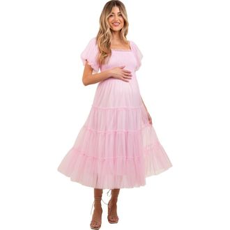 Pinkblush Smocked Tiered Tulle Midi Dress in Light Pink at Nordstrom, Size Medium