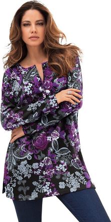 Roaman's Plus Size Knit Thermal Henley Top Long Sleeve in Black Paisley Roses at Nordstrom, Size 4X