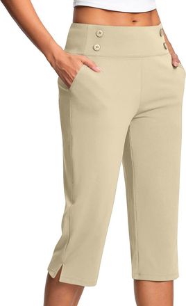 Generic Capri Pants for Women Ladies Cropped Pants High Waist Stretch Bottoms Yoga 3/4 Dress Pant with Pockets Summer Elegant Crop Trouser Office Business Wor