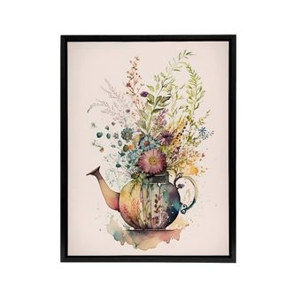 Artery8 Wildflower Floral Bouquet In Teapot Vase Framed Canvas Wall Art Print | Size: W24 x H32