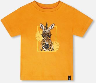 Deux par Deux Organic Cotton Zebra Print Short Sleeve T-Shirt in Orange at Nordstrom, Size 24M