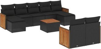 vidaXL Set De Sof&aacute;s De Jard&iacute;n 10 Pzas Cojines Rat&aacute;n Sint&eacute;tico Negro Vidaxl