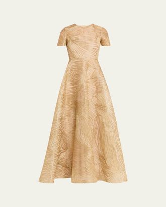 Naeem Khan Metallic Raffia Embroidered Short-Sleeve Gown