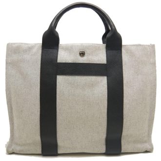 Herm&egrave;s Black Gray Cotton Canvas Leather Tote Bag (Pre-Owned)