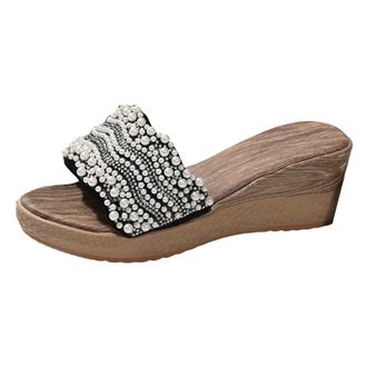 Generic Womens Slippers Fashionable And Casual Wedge Heeled Thick Soled Beach Platform Sandals For Women Rhinestone Summer Comfortable Shoes (8.5)