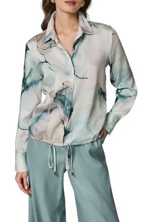 DKNY Printed Drawstring Hem Button-Up Shirt in Skylight Multi at Nordstrom, Size X-Small