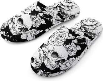 Generic Black And White Roses Skulls Cotton Slippers for Men Memory Foam House Slippers Soft Anti-skid Sole Indoor Outdoor Shoes
