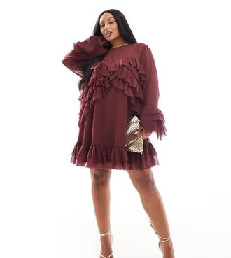 Asos Curve ASOS DESIGN Curve long sleeve ruffle tiered mini dress in burgundy