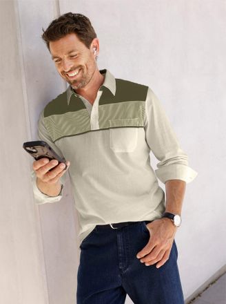 Catamaran Poloshirt CATAMARAN Langarm-Poloshirt, Herren, Gr. 44/46, gr&uuml;n (beige, oliv), 100% Baumwolle, gemustert, gestreift, mehrfarbig, Shirts Poloshirt