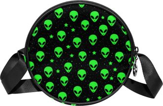 Generic Circle Crossbody Bag for Women, Green Small Alien Star Small Sling Bag Daypack with Zipper Adjustable Shoulder Straps Casual Ladies Girls Round Purse