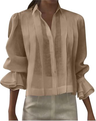 Generic Linen Shirts for Women UK V Neck Ruffle Sleeve GauzeBlouses Collar Cotton Linen Shirt Casual Loose Ruched Ladies Blouses Vintage Elegant Plain Tshirts