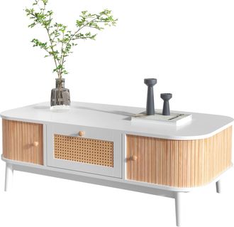 STILVORA Mesa De Centro Con 2 Cajones De Rat&aacute;n Y Puertas Correderas, Patas De Madera Maciza, Mdf, Blanco, 110&times;55&times;38,5 Cm