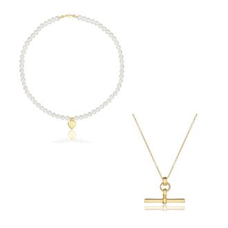 Lily & Roo Gold T-Bar and Large Pearl Personalised Heart Necklace Gift Set