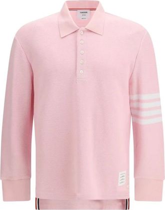 Thom Browne Tops, Heren, Roze, S, Katoen, Textured Piqu&eacute; 4-Bar Polo met Lange Mouwen