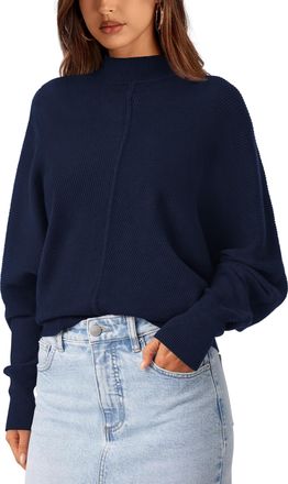 PrettyGarden Fall Fashion 2024 Oversized Mock Neck Long Sleeve Batwing Sweaters for Women Casual Loose Ribbed Knit Tops, Navy, XL