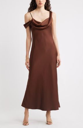 Chelsea28 Off the Shoulder Satin Maxi Dress in Brown Bitter at Nordstrom, Size Xx-Small