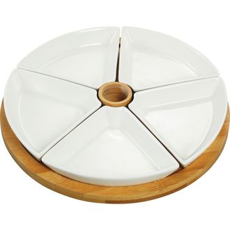 Elama 7 Piece Appetizer Serving Set with 5 Serving Dishes, Center Tooth Pick Holder and Wood Serving Tray in White at Nordstrom