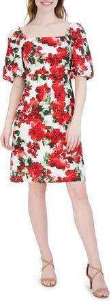 Julia Jordan Floral Puff Sleeve Fit & Flare Dress in Ivory/red at Nordstrom Rack, Size 12
