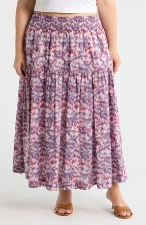 Treasure & Bond Smocked Waist Maxi Skirt in Pink- Blue Daisy Tapestry at Nordstrom, Size 1X