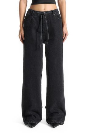 Mani&egrave;re De Voir Faye Wide Mid Rise Jeans with Tie Waist in Washed Black at Nordstrom, Size 12