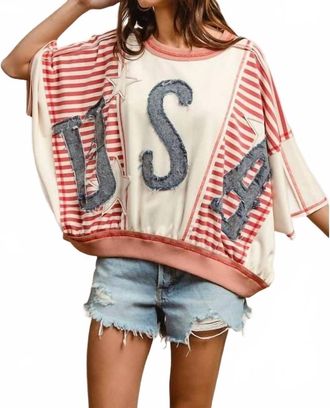 Bibi Washed Denim U. s.a. Patchwork Stripe Top In Multi
