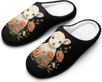 Generic Cute Lamb Flowers Mens House Slippers Memory Foam Washable Cotton Slip on Home Shoes