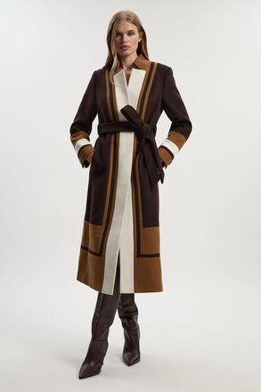 Karen Millen Womens Brushed Wool Colour Block Tailored Belted Midi Coat - Chocolate - Size 16 UK