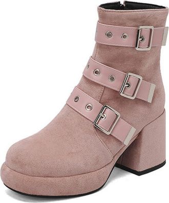 Generic Womens Round Toe Platform Boots with Buckle Faux Suede Short Boots with Side Zipper Chunky Heel Retro Dress Boot,Pink,6.5 UK