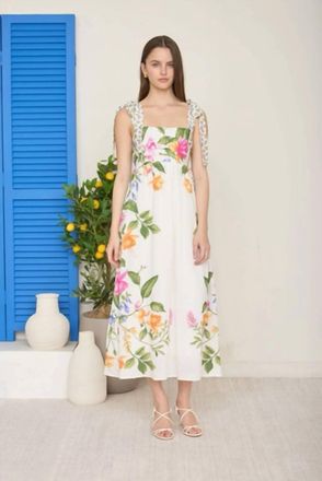 Blu Pepper Floral Empire Waist Midi Dress In Off White Multi