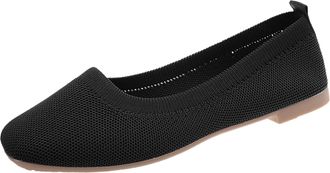 Generic Spring Autumn Women Casual Slip On Shoes Flat Bottom Square Toe Fly Woven Mesh Breathable Comfortable Solid Color Design (Black, 6.5)