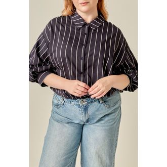 English Factory Striped Balloon Sleeve Shirt in Navy/white at Nordstrom, Size 1X