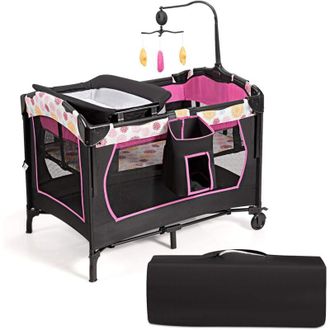 Costway Lettino da Viaggio per Neonati Box Portatile, Lettino Pieghevole con Ruote e Materassino, Borsa di Trasporto e Giochi Inclusi, Rosa