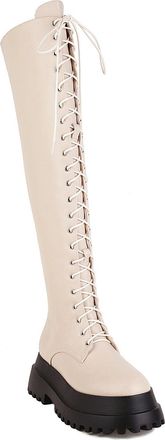 Generic Womens Lace Up Thigh High Boots with Side Zipper Round Toe Platform Long Boots Patent Leather Gothic Punk Boot,Beige,7.5 UK