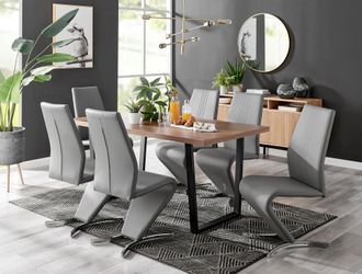 Furniturebox Kylo Large Brown Wood Effect Dining Table & 6 Willow Faux Leather Chairs in Grey