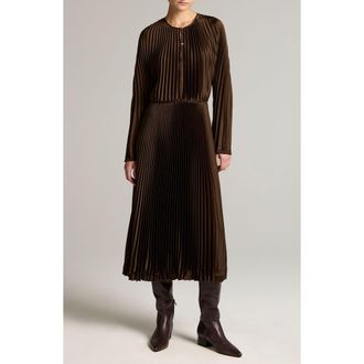 Vince Pleated Long Sleeve Dress in Pinewood at Nordstrom, Size X-Small