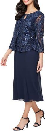 Alex Evenings Embroidered Sequin Tulle Mock Jacket Cocktail Midi Dress in Navy at Nordstrom Rack, Size 6