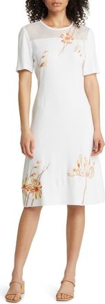 Misook Flower Embroidery Knit Dress in White/Sand Multi at Nordstrom, Size Xx-Small