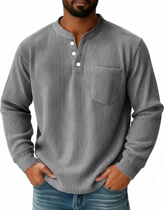 Generic Corduroy shirts Henley collar Mens Waffle Sweatshirt with Pocket V-Neck Button Up Flap Pockets Work Wear Trendy Cozy Light Gray XL